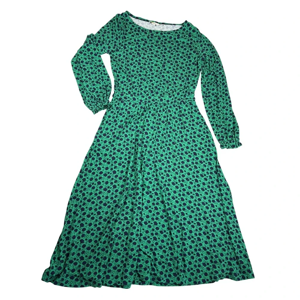 Boden Womens Green Navy Blue Floral Jersey Midi Dress Long Sleeve Size 8R Modest